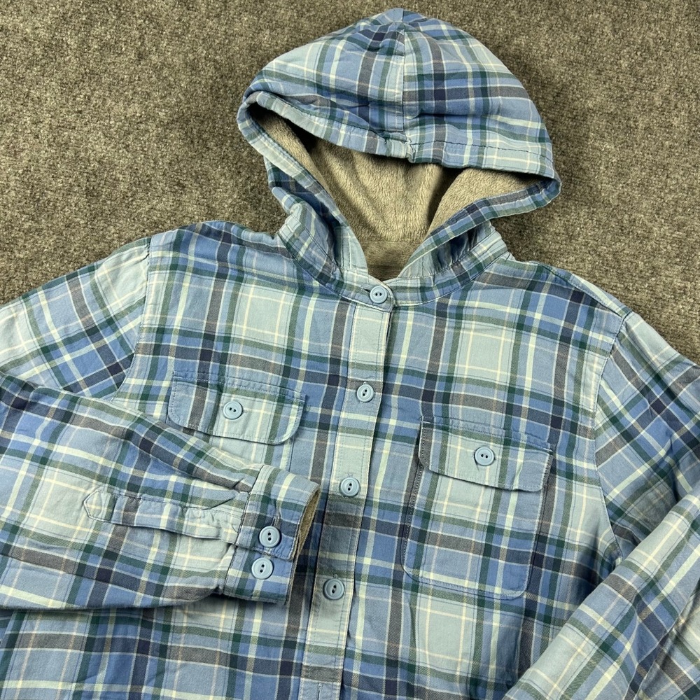 L.L. Bean Hooded Flannel Womens Medium Petite Blue Plaid Fleece Lined Jacket